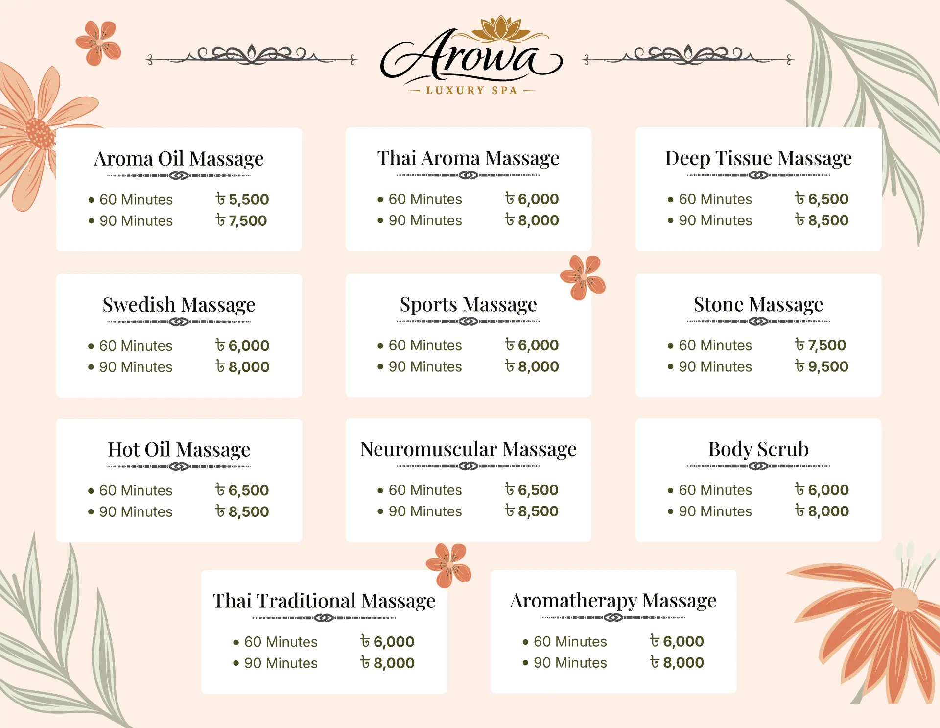 Arowa Luxury Spa massage price list featuring Aroma Oil Massage, Thai Aroma Massage, Deep Tissue Massage, Swedish Massage, Sports Massage, Stone Massage, Hot Oil Massage, Neuromuscular Massage, Body Scrub, Thai Traditional Massage, and Aromatherapy Massage at the Best Spa in Banani, Dhaka.